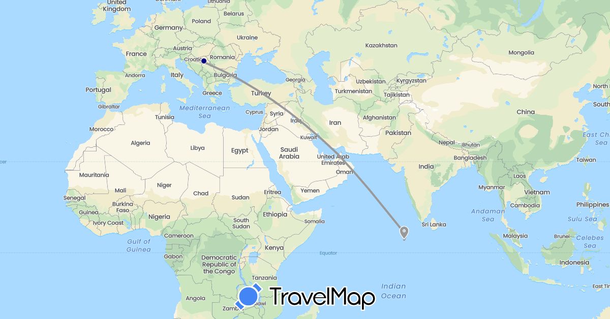 TravelMap itinerary: driving, plane in United Arab Emirates, Maldives, Serbia (Asia, Europe)